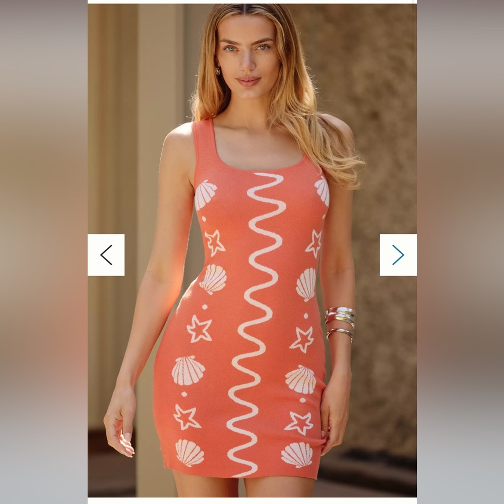 BNWT Anthropologie Flat White Icon Knit Orange White Shell Pattern Mini Dress